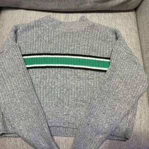 Forever 21 Gray Ribbed Sweater with Green Stripe